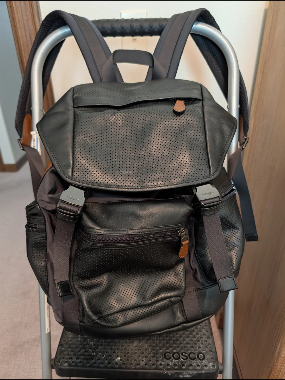 Coach Black Perforated Leather Men's Backpack with Tan Accent